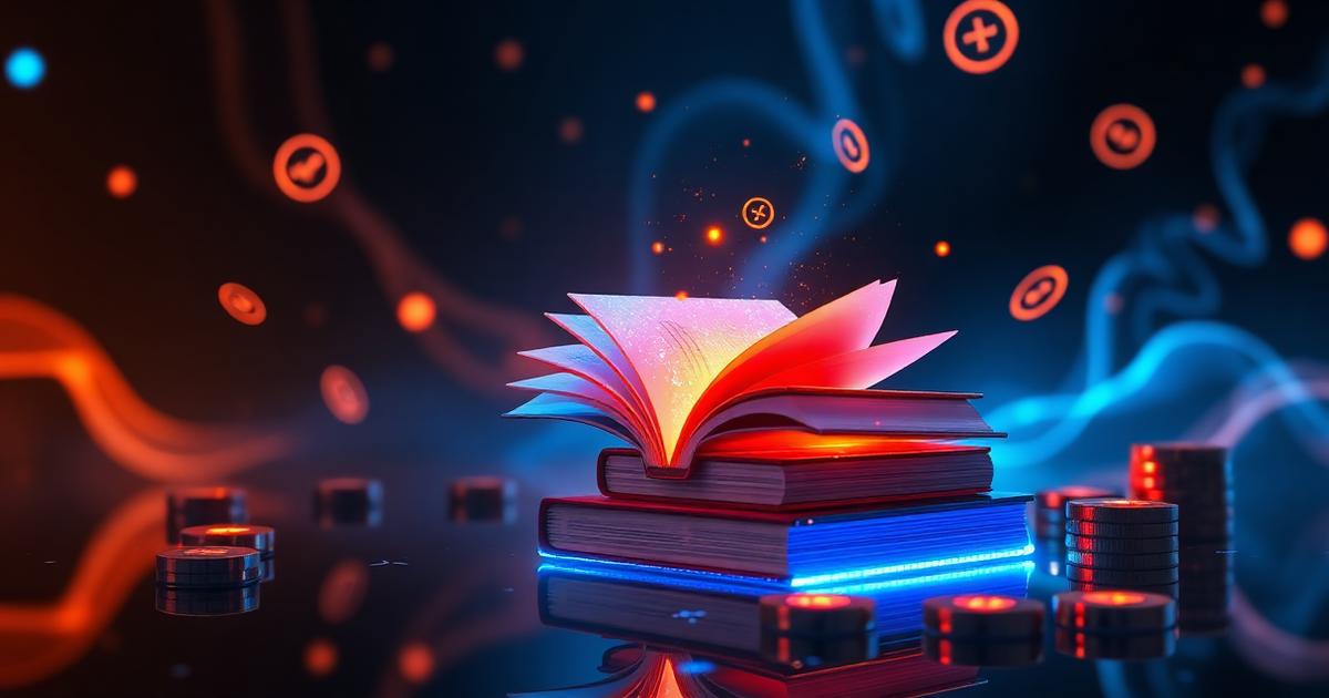 Leuchtendes Buch und Münzen als Symbol für das Erlernen des Tradings